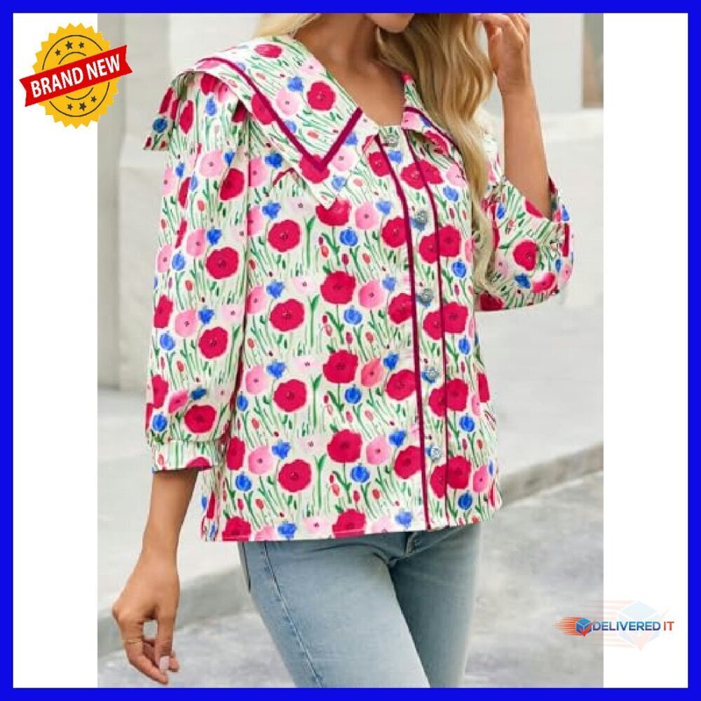 Floral Button Down Blouse 3/4 Sleeve Square Neck Collared Top - Picture 5 of 8